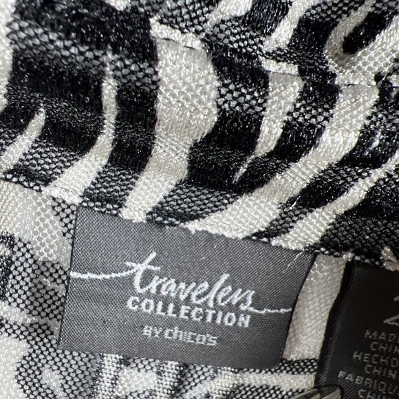 Chicos Travelers Collection Tunic Large Button Up Long Sleeve Mesh Black Tan - Picture 3 of 8